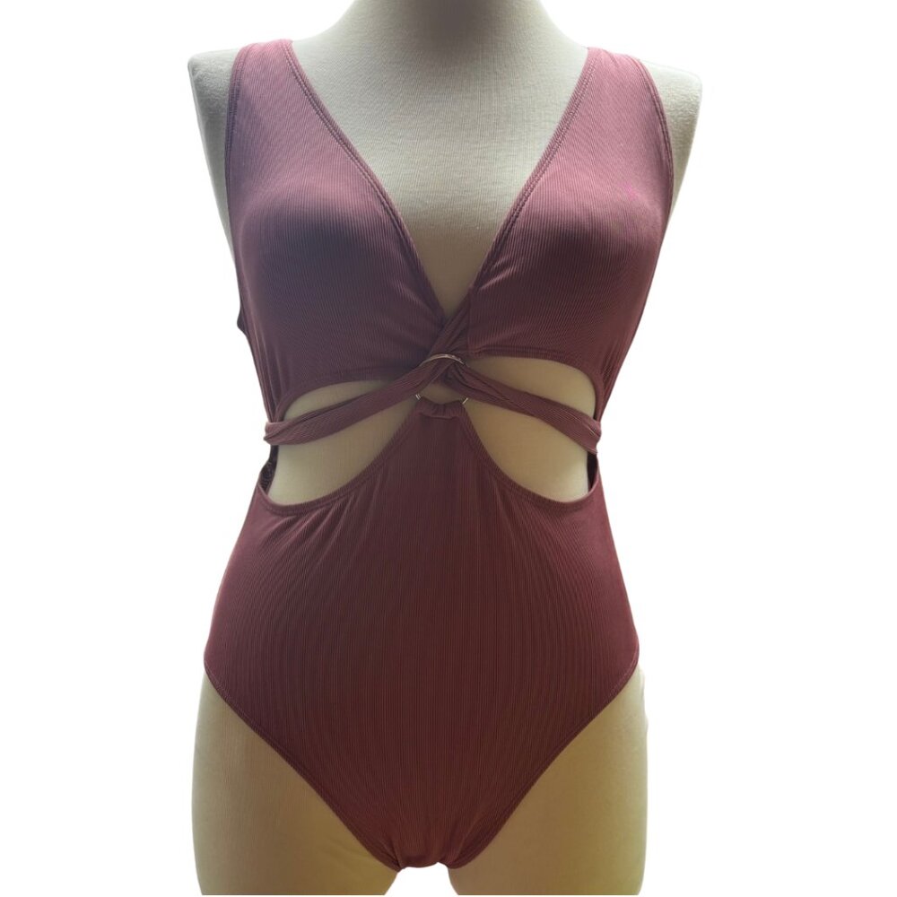 NWOT Ribbed Mauve Pink One Piece Swimsuit 1X Cutout Tie Front Bathing Suit